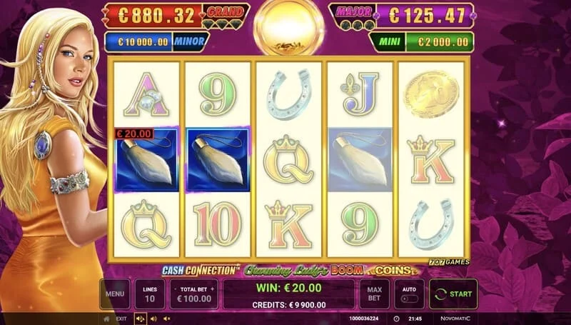 Cash Connection - Charming Lady's Boom Coins - grundskärm med en linjevinst