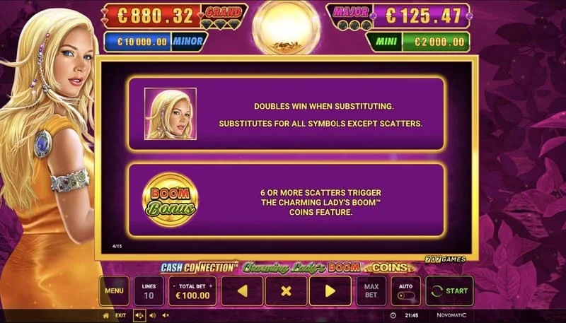 Cash Connection - Charming Lady's Boom Coins - starten av Boom Coins-rundan på ett 7x5-rutnät