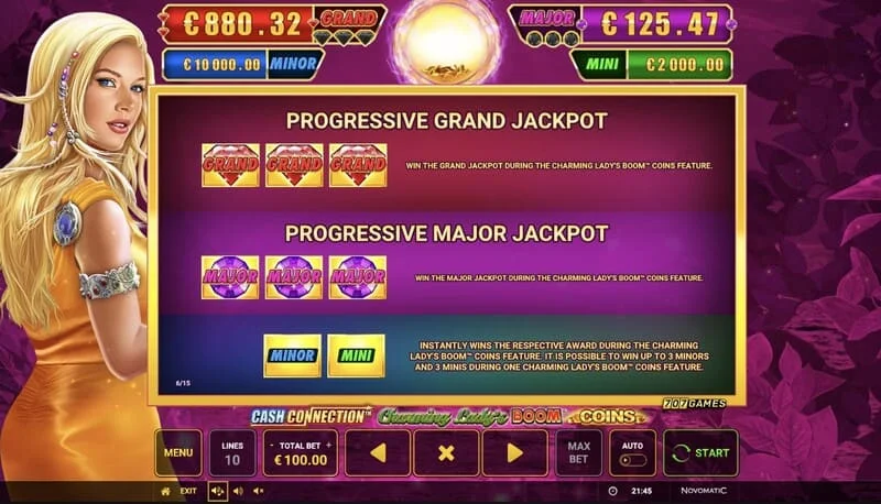 Cash Connection - Charming Lady's Boom Coins - jackpottabell för Mini, Minor, Major och Grand
